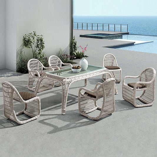 7 Delar Rattanfiber Utomhus Matgrupp Med Fat Stol Och Glasbord