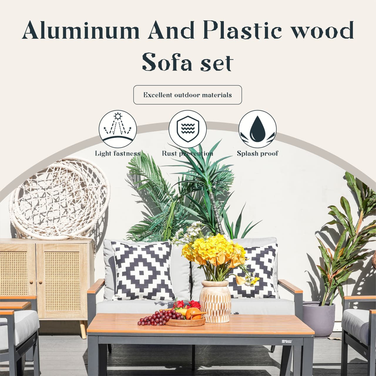 Direkt Wicker Utomhus Aluminium Fritidssoffset Med Imitationsträ Armstöd