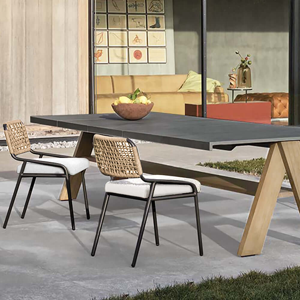 2 Delar Modern Aluminium & Rattan Ute Matstol Set Vit & Khaki