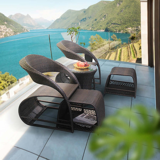 Utomhus PE Rattan Recliner Stolar med Ottomans och Förvaring 2Del Set i Kaffe