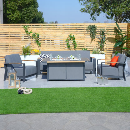 Direct Wicker Aluminum  Patio Gray Fire Pit Dining Set with Modern Gray Cushions
