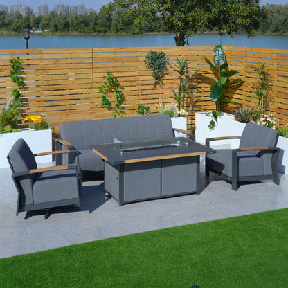 Direct Wicker Aluminum  Patio Gray Fire Pit Dining Set with Modern Gray Cushions