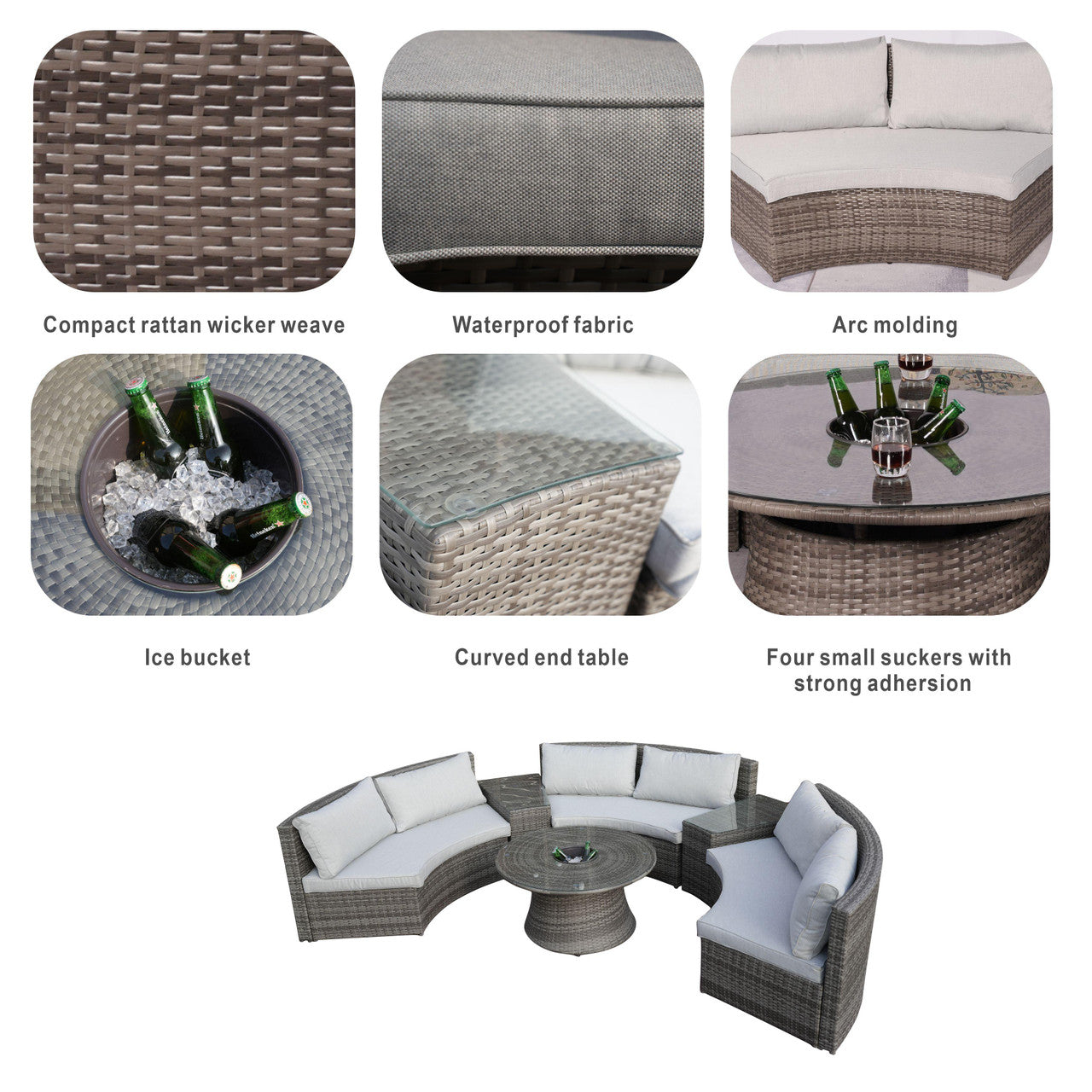 Direct Wicker Utomhus Halvcirkel Grå Aluminium Multifunktionell Soffgrupp