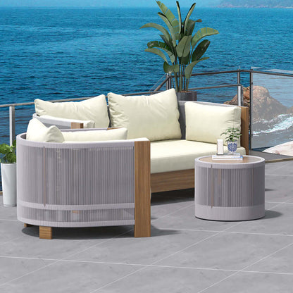 Utomhus Loungegrupp Med Runt Soffbord I Teak Och Repstol