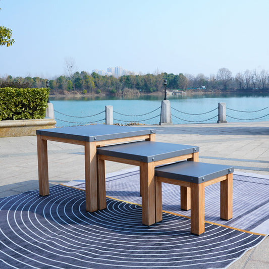 Direct Wicker All aluminum outdoor three-piece set can accommodate portable square table