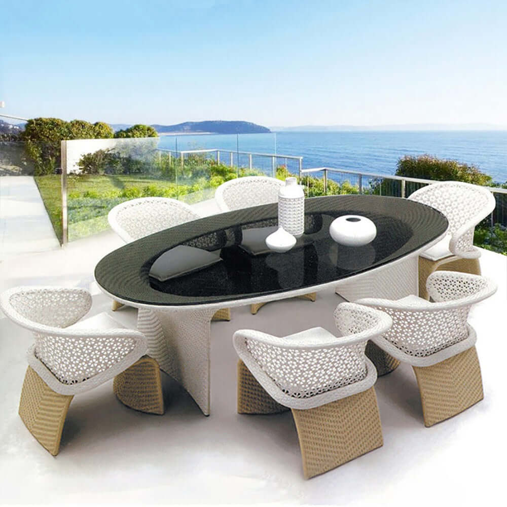 7 Delar Modern Aluminium Ute Matbordset Med Oval Glasbord Och Rattan Fåtölj
