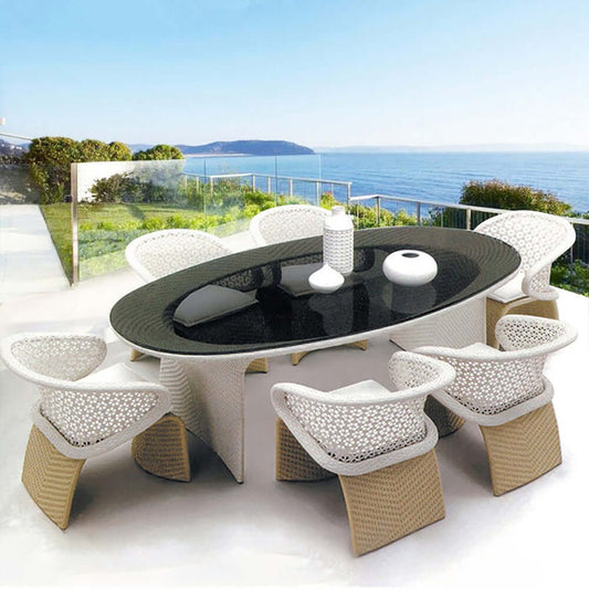 7 Delar Modern Aluminium Ute Matbordset Med Oval Glasbord Och Rattan Fåtölj