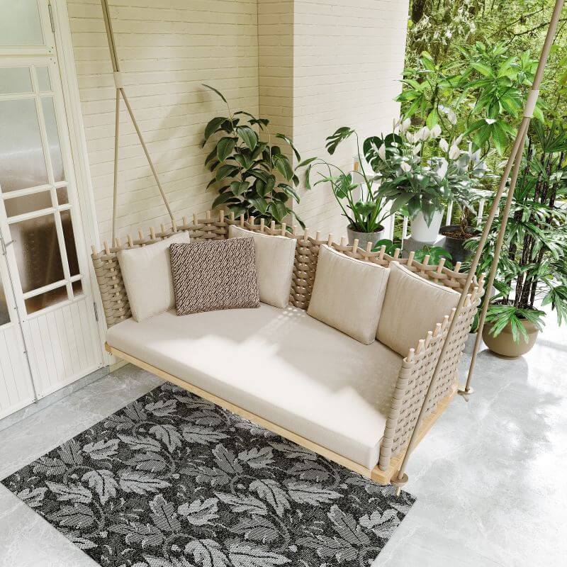 Vävd Rattan Veranda Hängande Soffa Med Glänsande Khaki Kudde