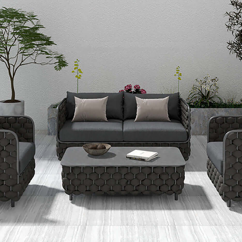 Bred Modern Aluminium & Rep Utomhus Loveseat Uteplats Soffa Med Kuddar I Svart