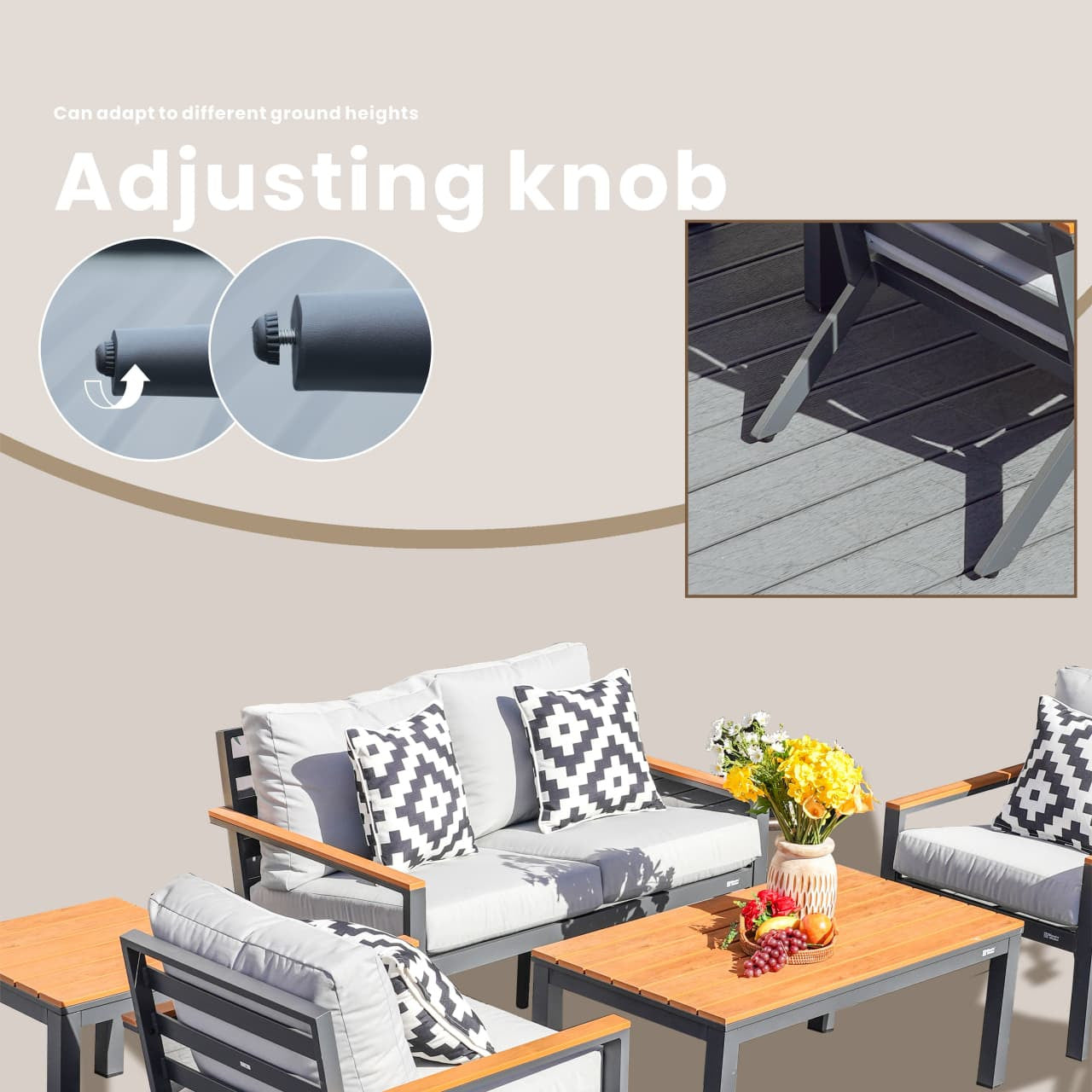 Direkt Wicker Utomhus Aluminium Fritidssoffset Med Imitationsträ Armstöd