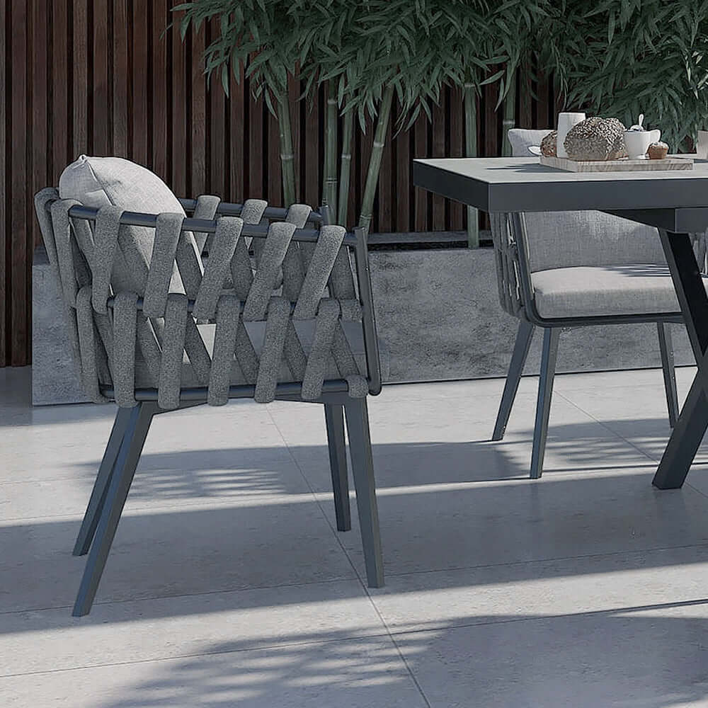 Aluminium- och Rattan Utomhus Patio Matstolsfåtölj Grå Set om 2
