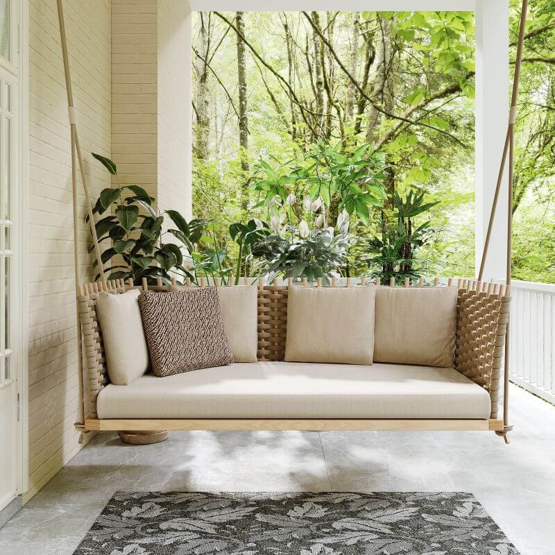 Vävd Rattan Veranda Hängande Soffa Med Glänsande Khaki Kudde