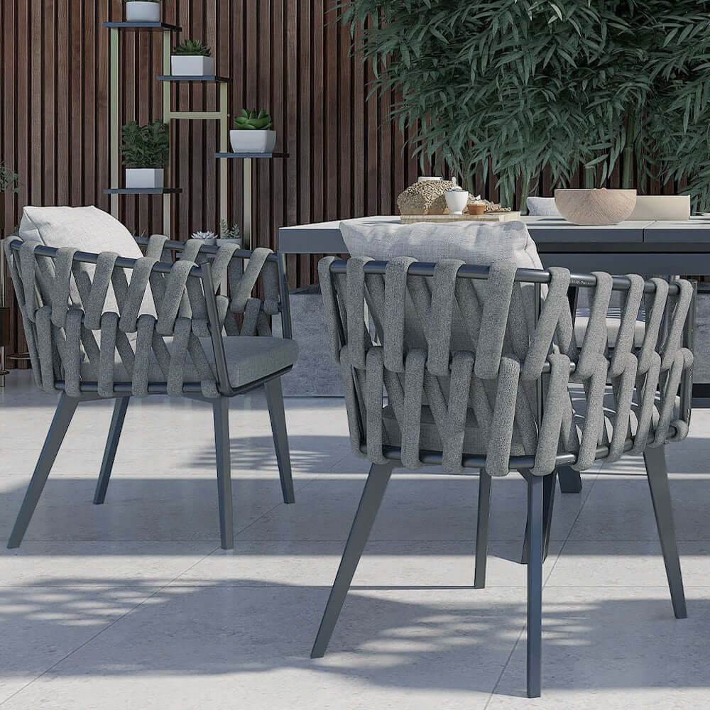 Aluminium- och Rattan Utomhus Patio Matstolsfåtölj Grå Set om 2