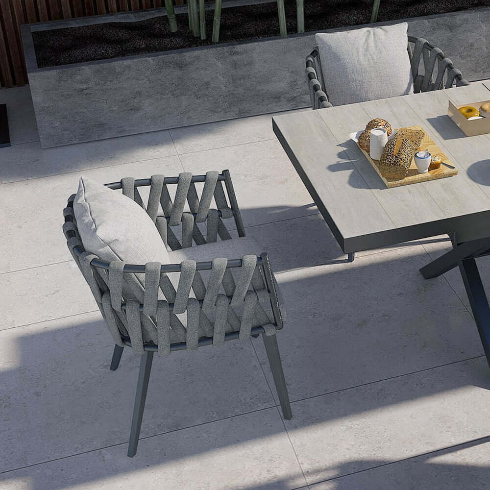 Aluminium- och Rattan Utomhus Patio Matstolsfåtölj Grå Set om 2