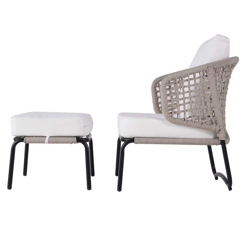 Modernt aluminium & rep utomhus stolset med ottoman i vitt och svart