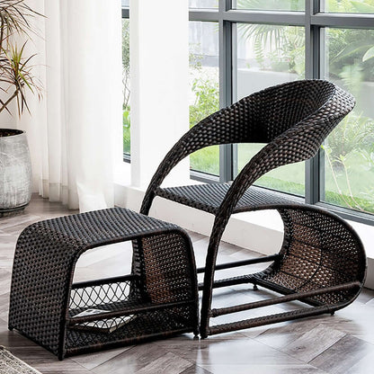 Utomhus PE Rattan Recliner Stolar med Ottomans och Förvaring 2Del Set i Kaffe