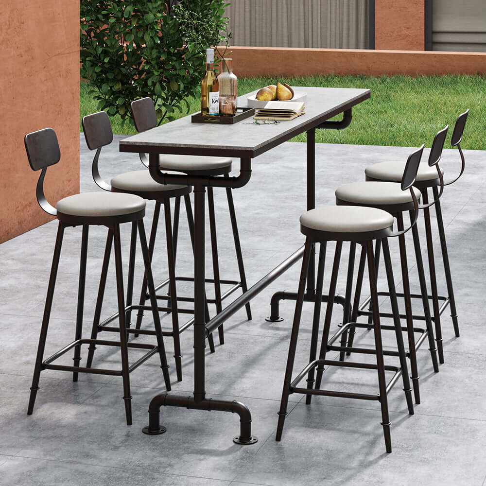 7 Delar Industriell Metall Utomhus Patio Bar Matset med Bord och Stolar