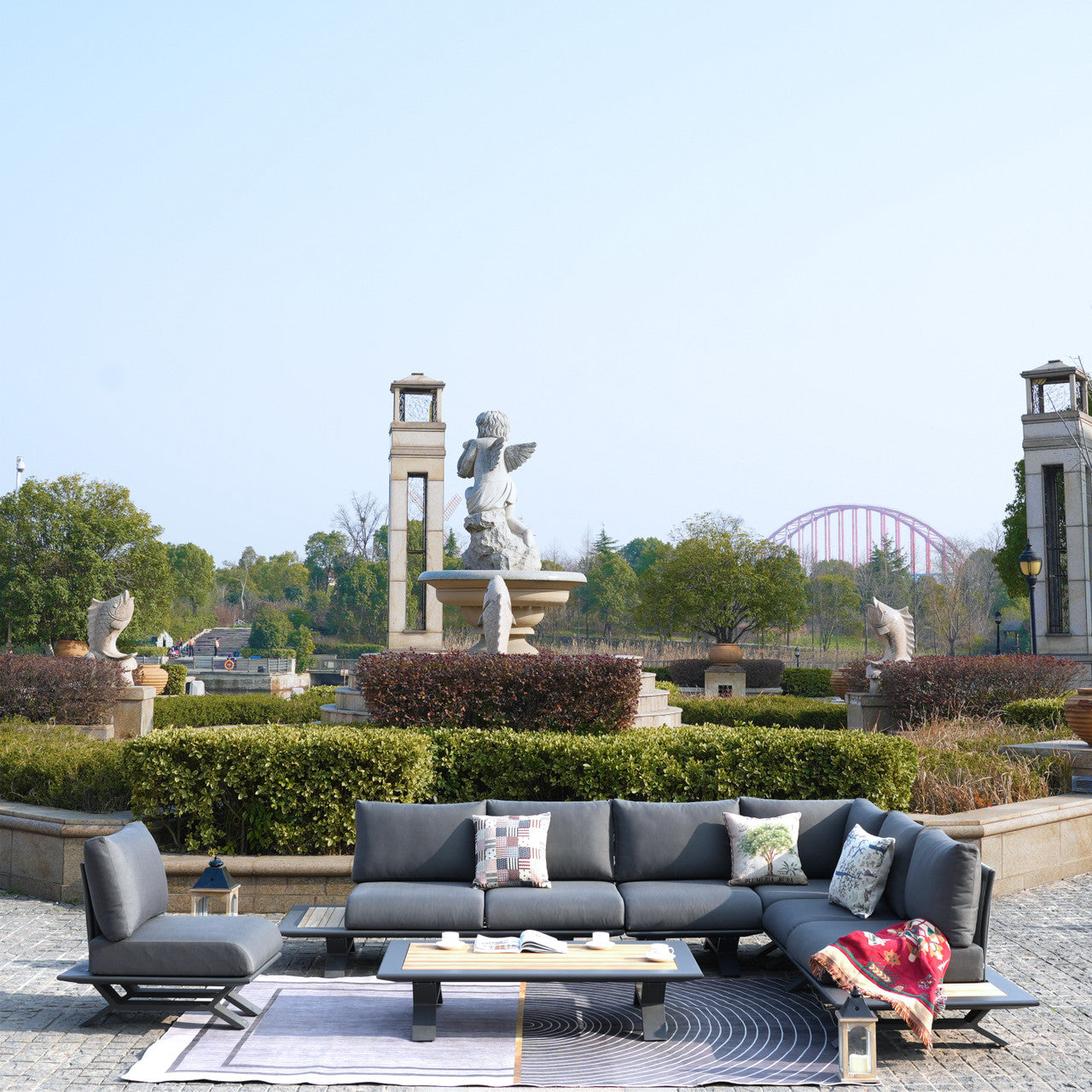 Direct Wicker Högkvalitativa Teak Handtag Aluminium Dew Pipe Sofa Set