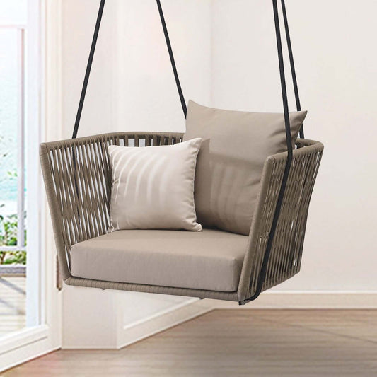 Modern Utomhus Hängande Stol Rattan Terrassgunga Med Khaki Kudde