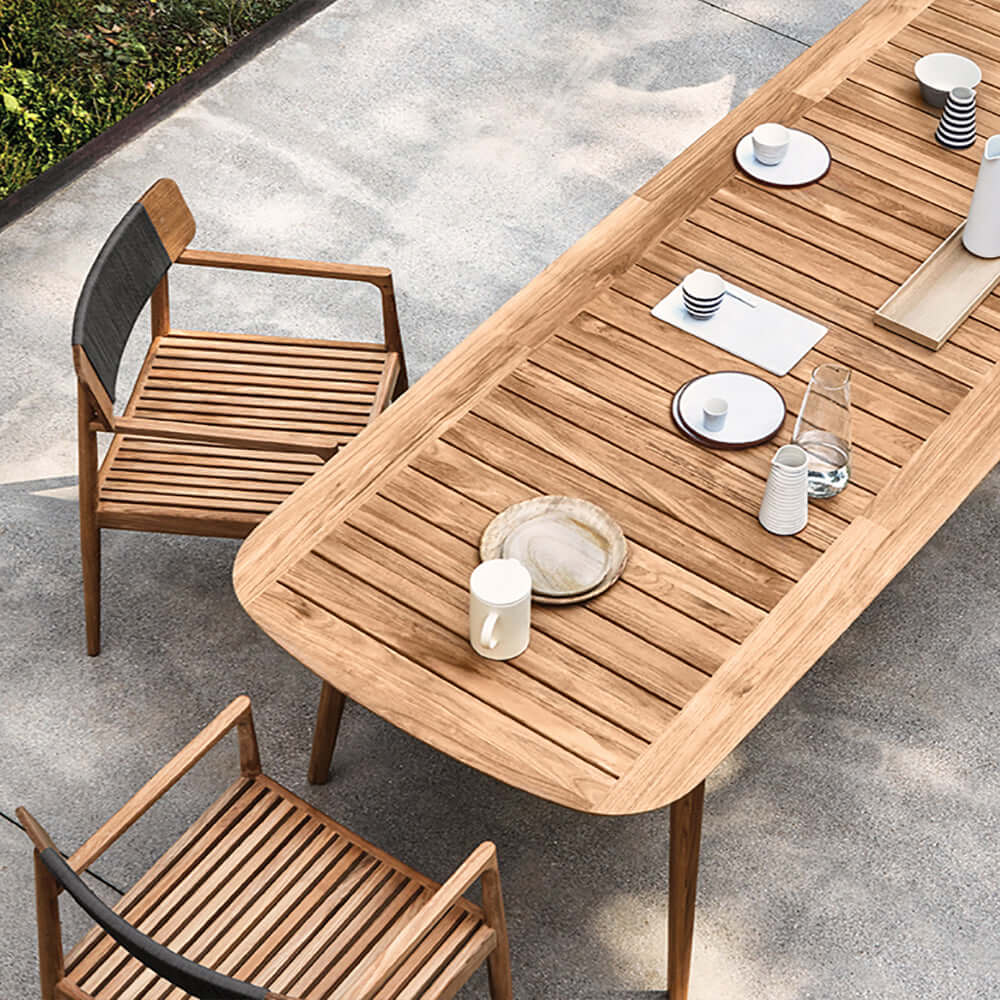 7 Delars Modern Utomhus Matgrupp med Teakträ Bord och Stolar