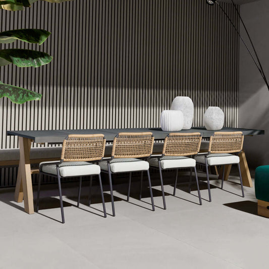 9 Delar Modern Utomhusmatgrupp med Marmor Top Aluminium Bord och Rattan Stolar
