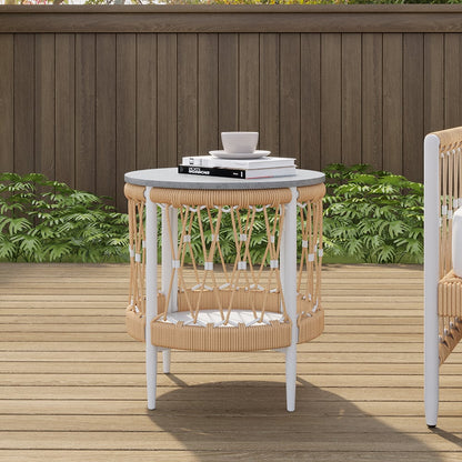 Elegant 3 Pieces Aluminum utemöbelset med svängbar soffa och sidobord i khaki, perfekt för avkoppling utomhus.