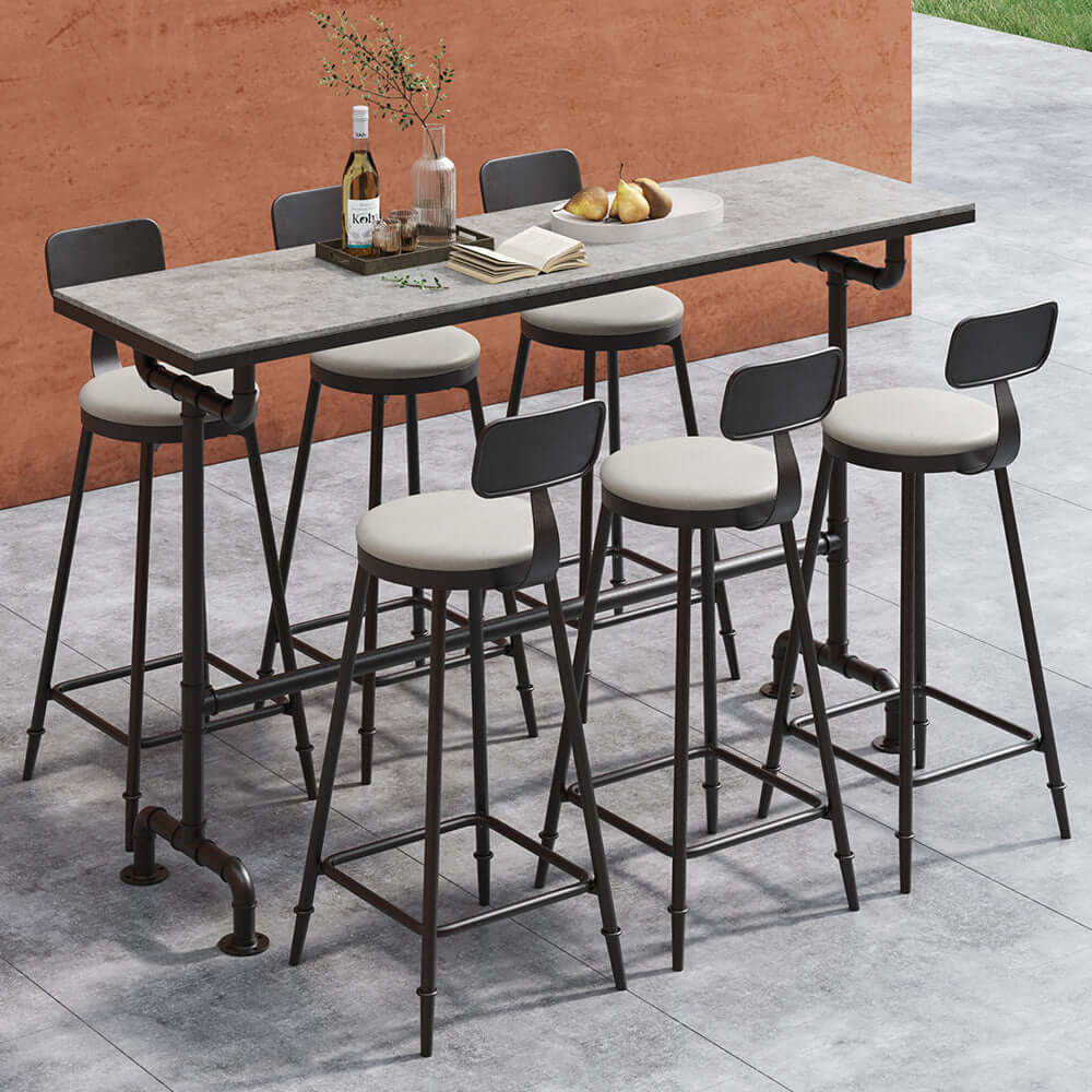 7 Delar Industriell Metall Utomhus Patio Bar Matset med Bord och Stolar