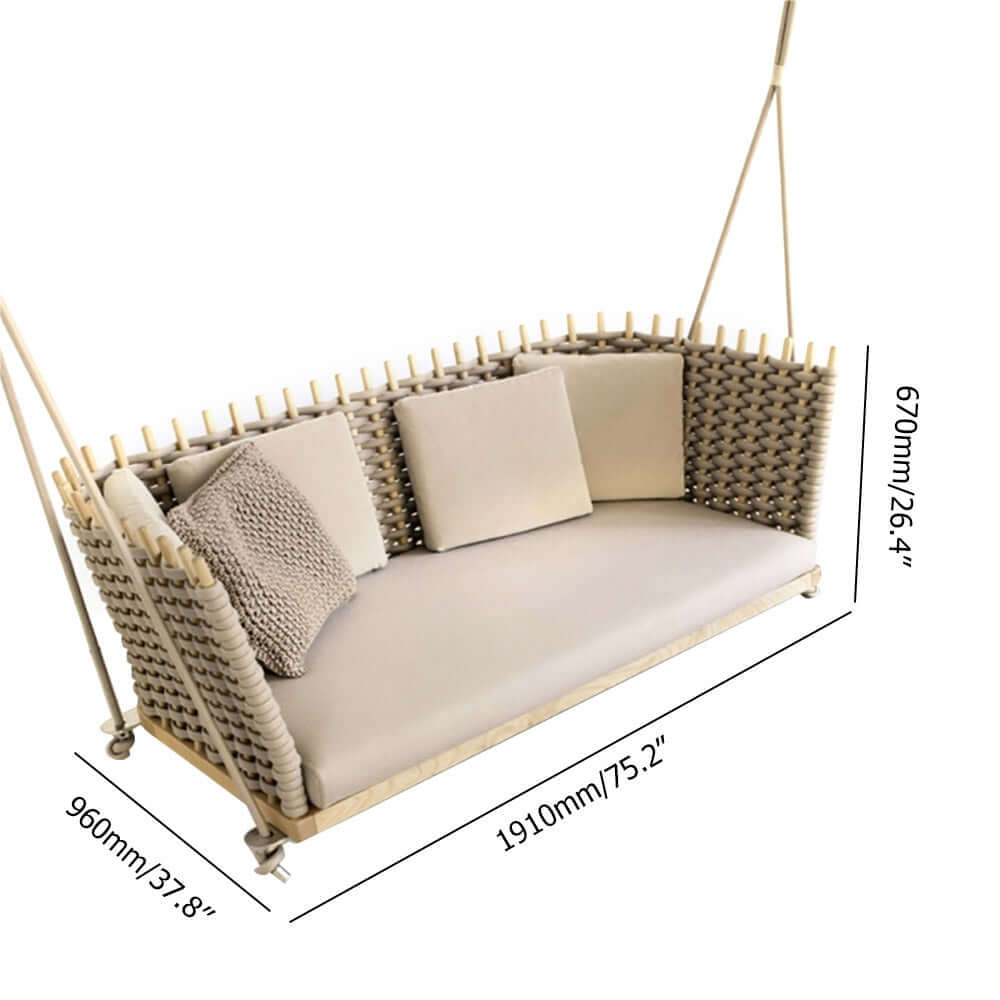 Vävd Rattan Veranda Hängande Soffa Med Glänsande Khaki Kudde