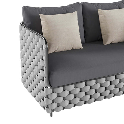 Bred Modern Aluminium & Rep Utomhus Loveseat Uteplats Soffa Med Kuddar I Svart