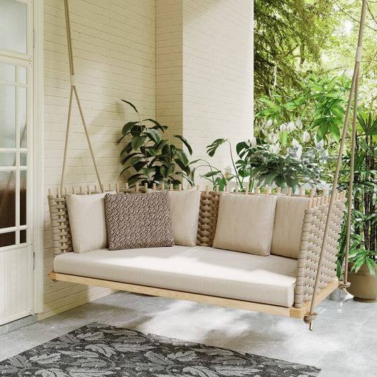Vävd Rattan Veranda Hängande Soffa Med Glänsande Khaki Kudde