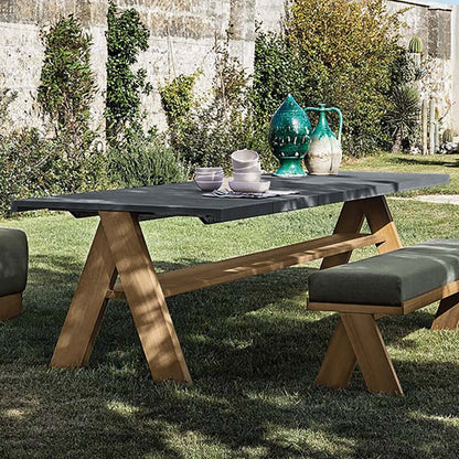 9 Delar Modern Utomhusmatgrupp med Marmor Top Aluminium Bord och Rattan Stolar