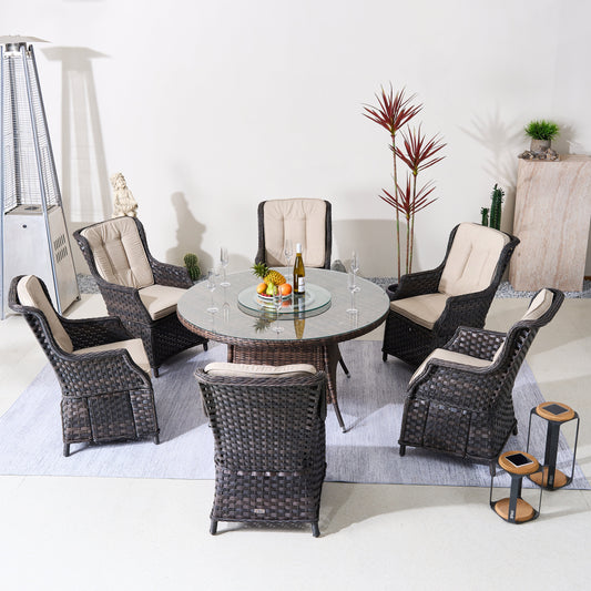 6-Persons Rattan Matgrupp Med Lazy Susan – Brun/Grå Utomhus