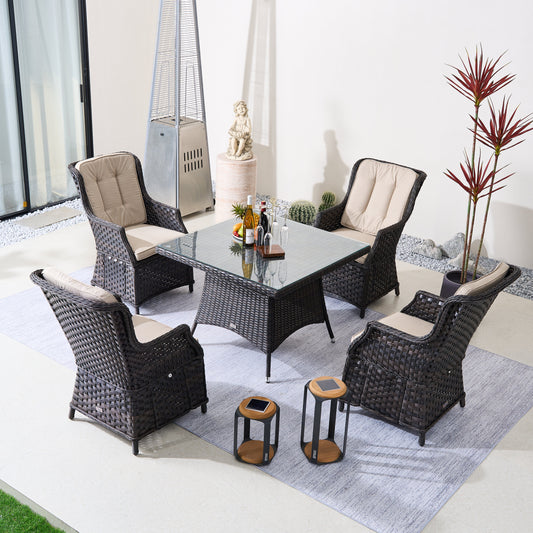 4-Persons Rattan Matset Med Fyrkantigt Bord – Brunt/Grått Uteplatsset