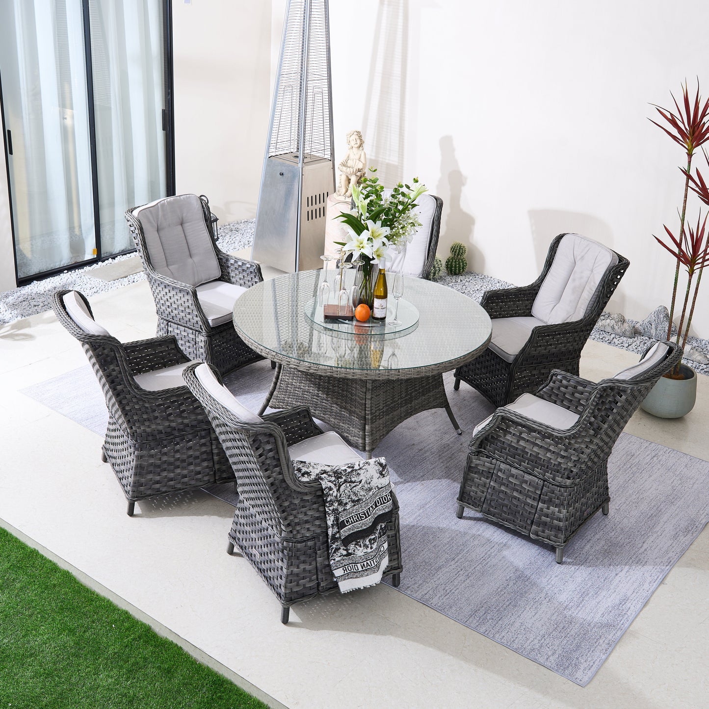6-Persons Rattan Matgrupp Med Lazy Susan – Brun/Grå Utomhus