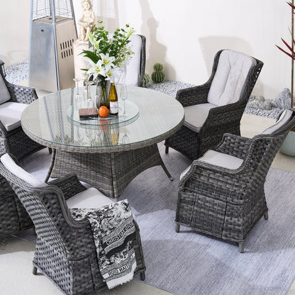 6-Persons Rattan Matgrupp Med Lazy Susan – Brun/Grå Utomhus