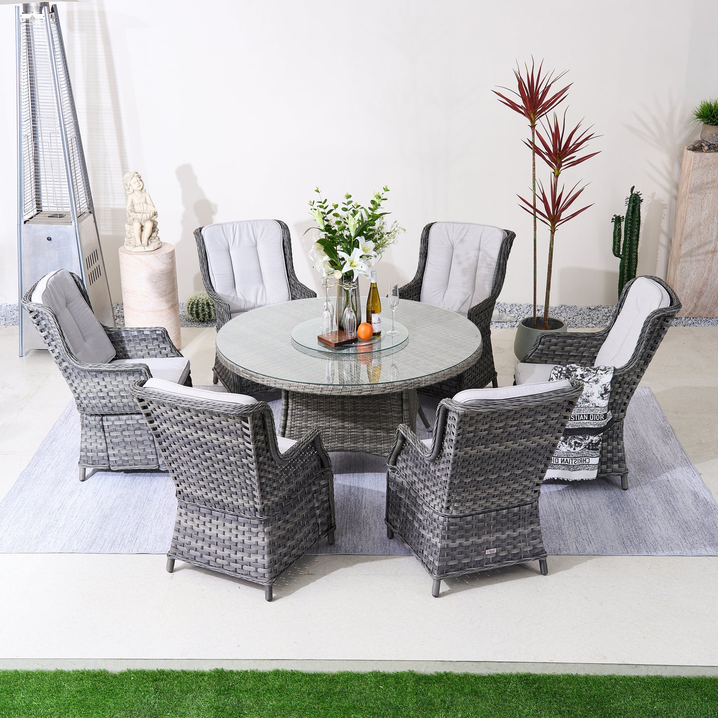 6-Persons Rattan Matgrupp Med Lazy Susan – Brun/Grå Utomhus