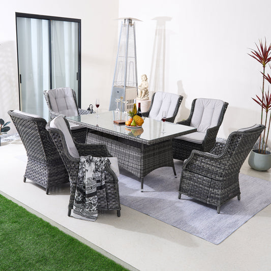 6-Person Rattan Matgrupp Med Rektangulärt Bord – Brun/Grå