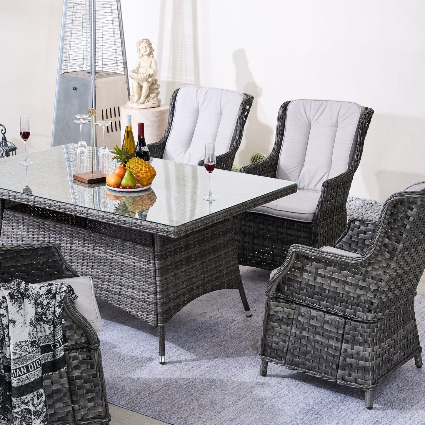 6-Person Rattan Matgrupp Med Rektangulärt Bord – Brun/Grå