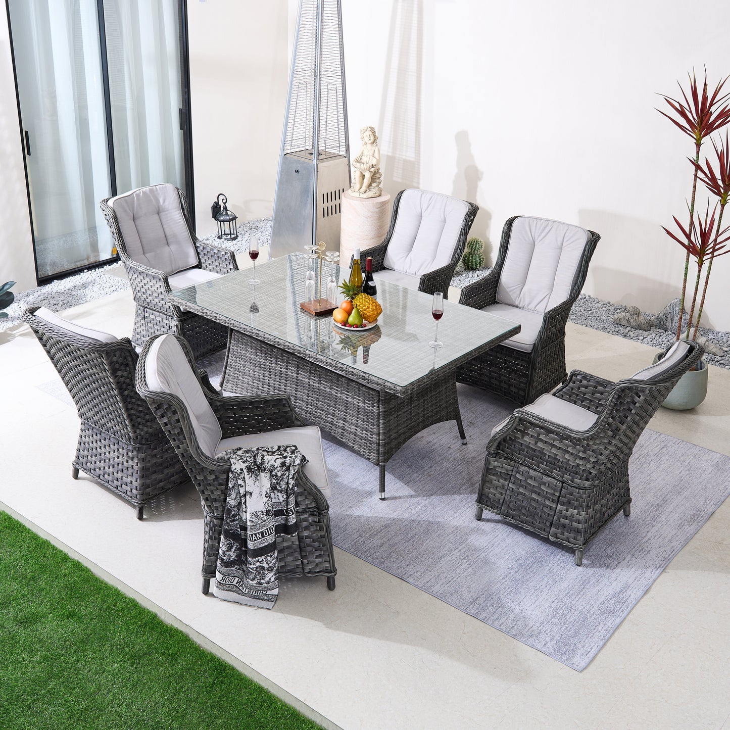 6-Person Rattan Matgrupp Med Rektangulärt Bord – Brun/Grå