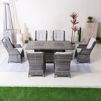 Direct Wicker 7-Piece Aluminum PE Rattan Fire Pit Dining Set