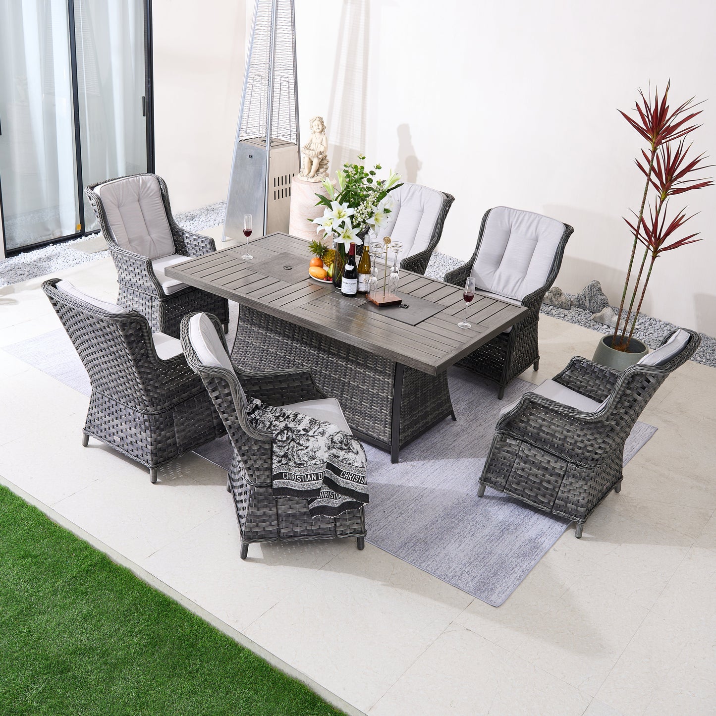 Direct Wicker 7-Piece Aluminum PE Rattan Fire Pit Dining Set
