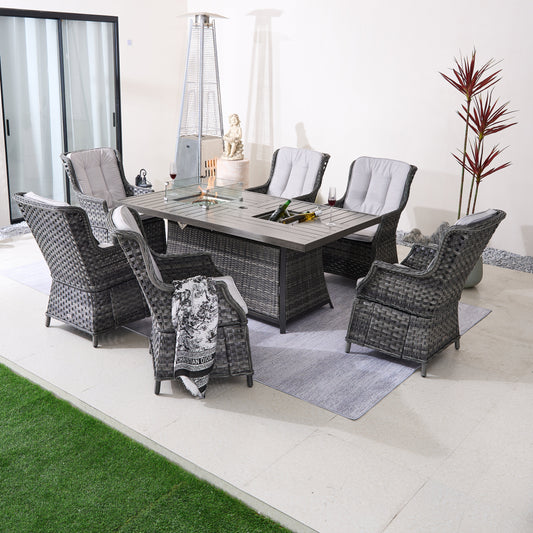 Direct Wicker 7-Piece Aluminum PE Rattan Fire Pit Dining Set