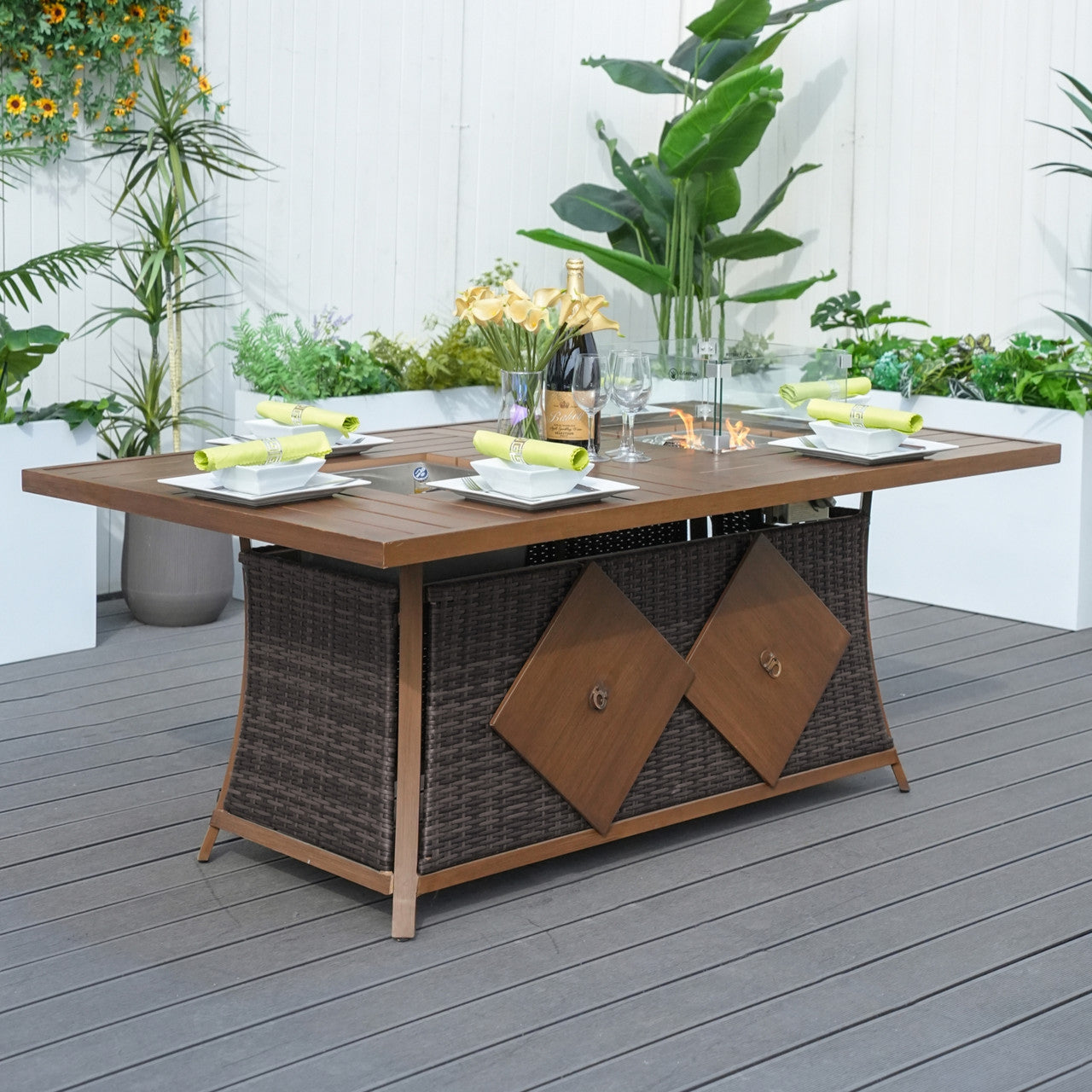 Direct Wicker 6 Seats Rectangular Aluminum Painted Fire Table with Ice Bucket and Fireplace (PAG-1106FI-Table)