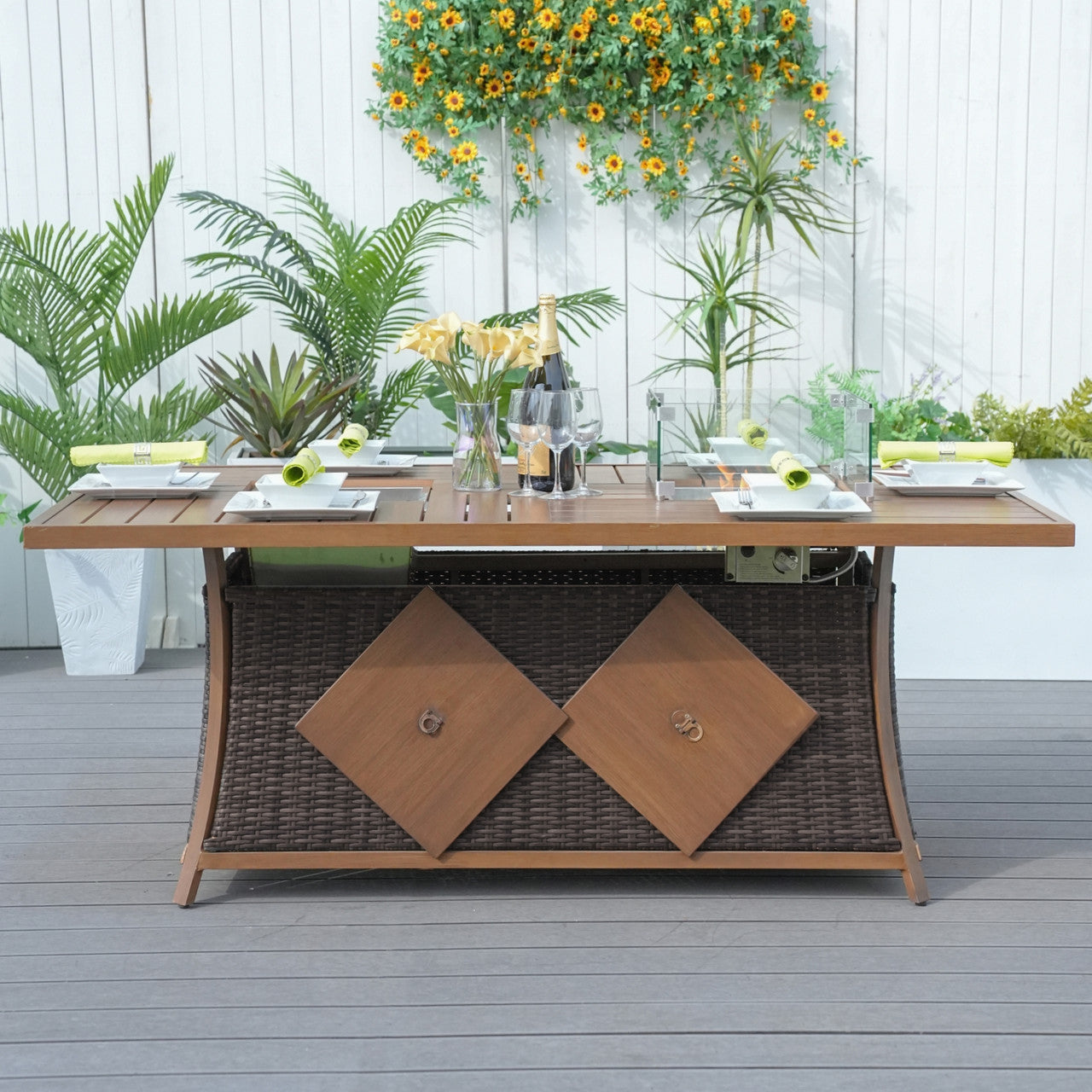 Direct Wicker 6 Seats Rectangular Aluminum Painted Fire Table with Ice Bucket and Fireplace (PAG-1106FI-Table)
