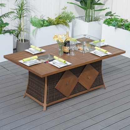Direct Wicker 6 Seats Rectangular Aluminum Painted Fire Table with Ice Bucket and Fireplace (PAG-1106FI-Table)