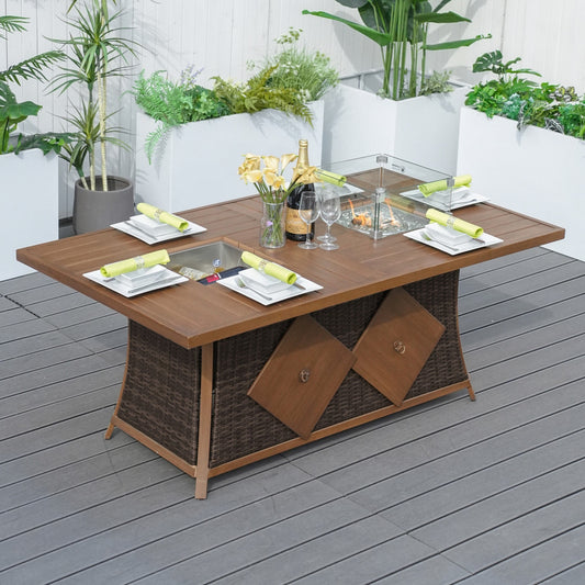 Direct Wicker 6 Seats Rectangular Aluminum Painted Fire Table with Ice Bucket and Fireplace (PAG-1106FI-Table)
