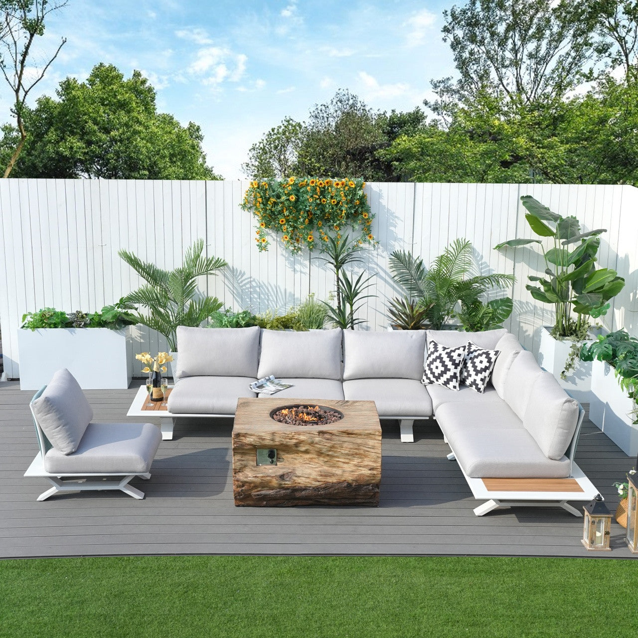 Direkt Wicker Högkvalitativa Teak Handtag Aluminium Dew Pipe Soffa Trädgårdsset Med Imiterad Trägranit Spisbord