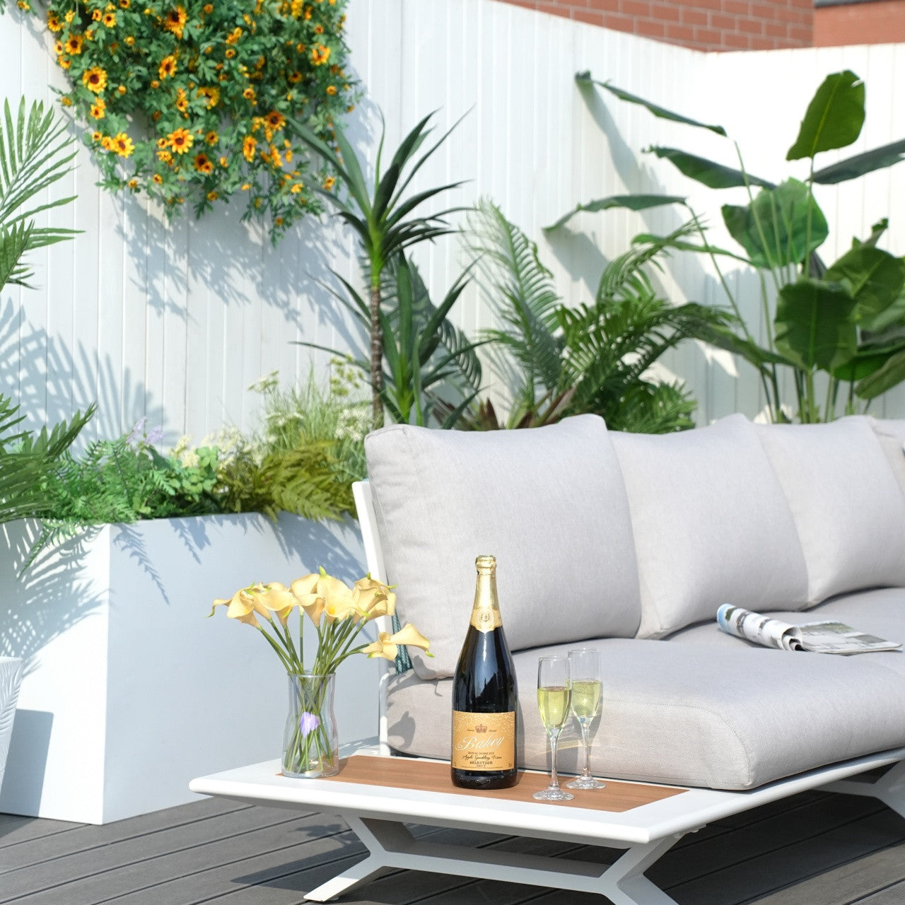 Direkt Wicker Högkvalitativa Teak Handtag Aluminium Dew Pipe Soffa Trädgårdsset Med Imiterad Trägranit Spisbord