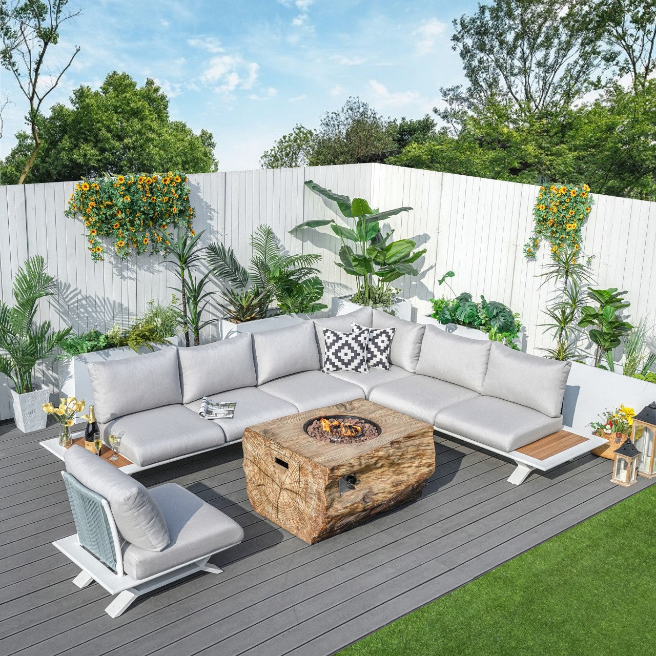 Direkt Wicker Högkvalitativa Teak Handtag Aluminium Dew Pipe Soffa Trädgårdsset Med Imiterad Trägranit Spisbord