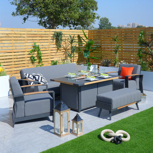 Direct Wicker Aluminum  Patio Gray Fire Pit Dining Set with Modern Gray Cushions